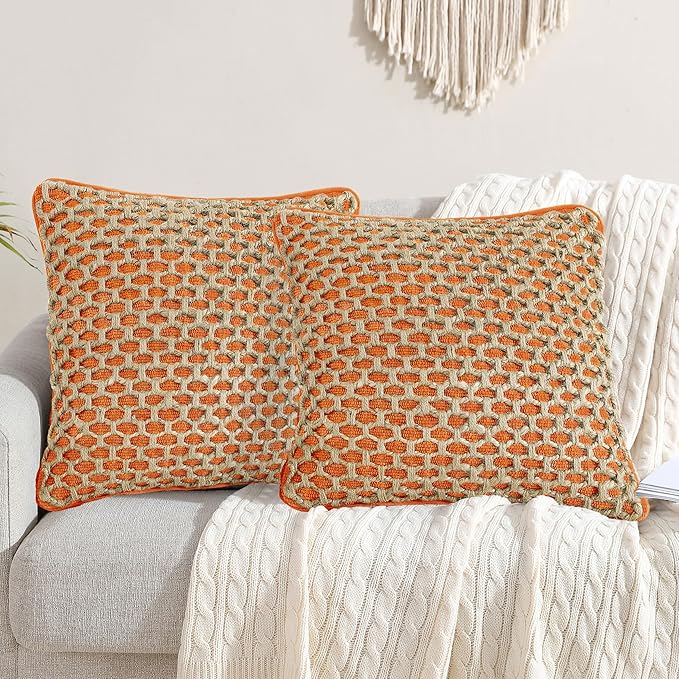 Boho Living Jada Premium Woven Design, Decorative Throw, Living Room Décor, (2) 20" x 20" Pillow Covers, Harvest Orange 2 Count