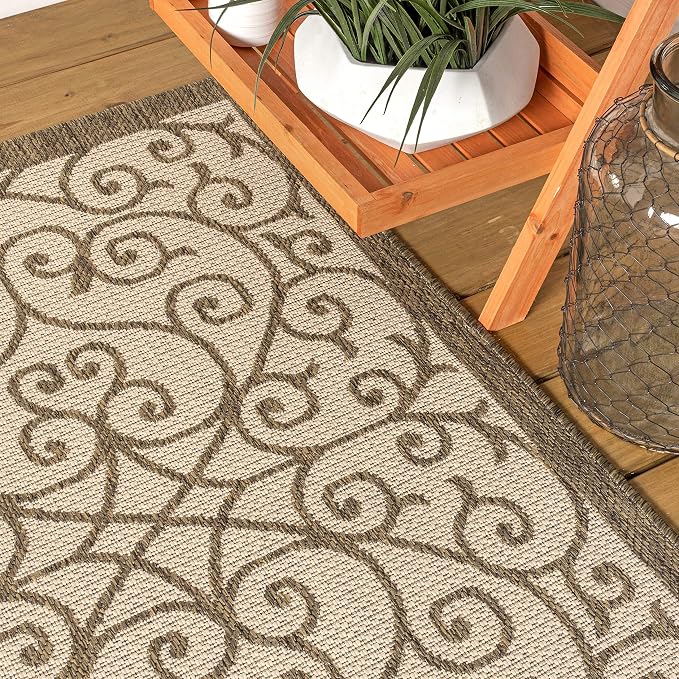 JONATHAN Y Vintage Filigree Indoor Outdoor Round Area Rug 5 Ft Beige/Brown, Madrid Textured Weave for Backyard, Patio, Porch, Easy-Cleaning, High Traffic, Pet-Friendly, Non-Shedding (SMB107B-5R)