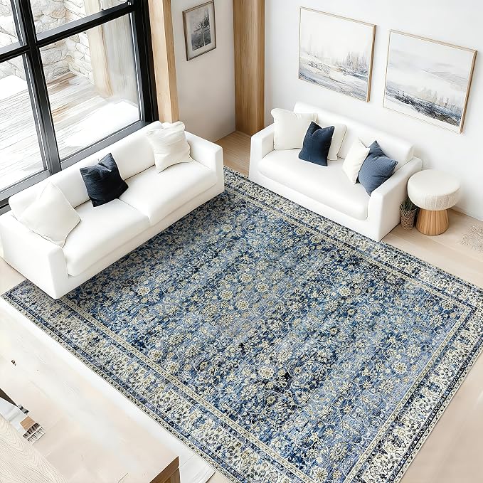 Blue Area Rug for Living Room 8x10 Washable Vintage Farmhouse Big Large Boho Distressed Carpet Rugs for Bedroom,Light Blue and Cream Polyester Rayon Cotton Blend