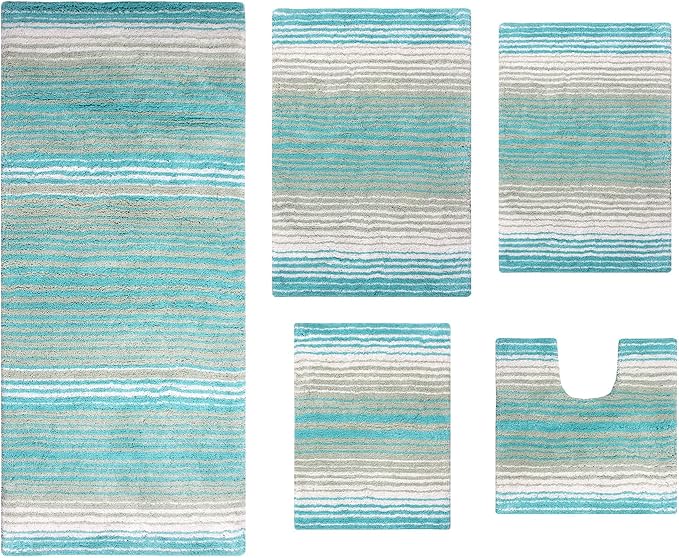 Home Weavers 100% Cotton Gradiation Collection Bathroom Décor, Washable Rug, Bathroom Mat, Kitchen Mat, Bathroom Rug Set, Bath Mat Set, Bath Floor Mat Non Slip, 5 Piece Set with Contour, Turquoise
