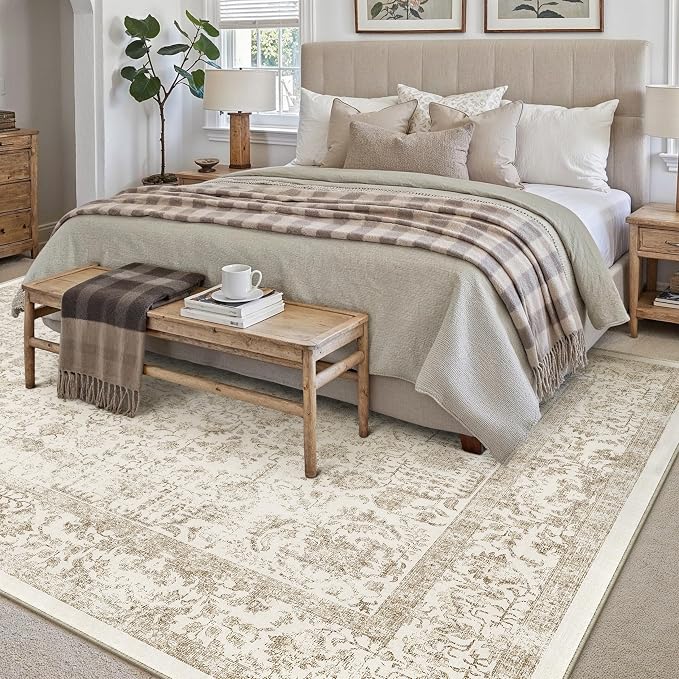 PureCozy Light Brown Area Rug 7x10 Machine Washable Vintage Living Room Distressed Non Slip Carpet Traditional Indoor Bedroom Retro Floral Accent Throw Large Rug for Office Kitchen Dining Room