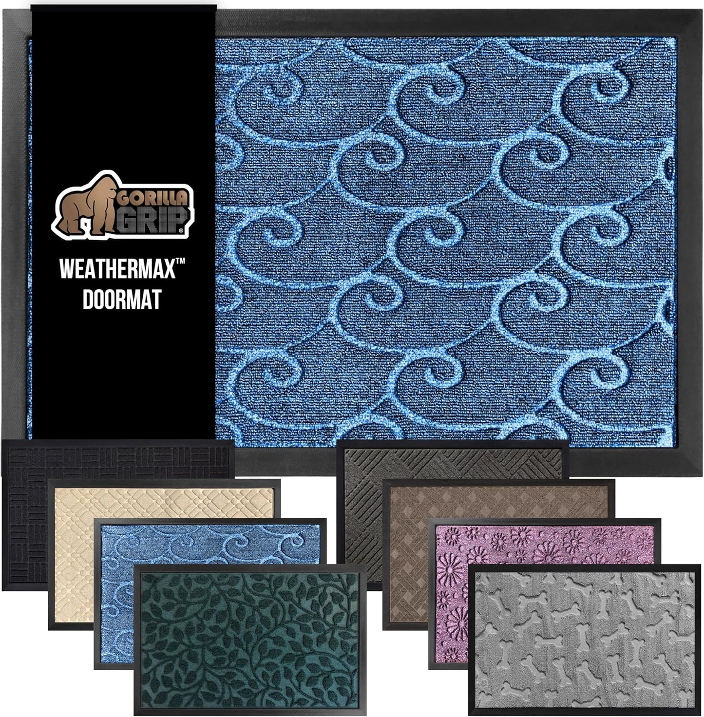GORILLA GRIP 100% Waterproof All-Season WeatherMax Doormat 35x23, US Designed Natural Rubber, Stain and Fade Resistant, Low Profile Indoor Outdoor Door Mats, Easy Clean Patio Mat, Ocean Blue Waves