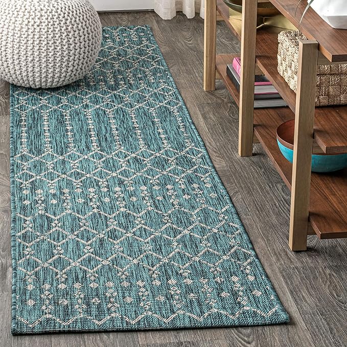 JONATHAN Y Moroccan Geometric Indoor Outdoor Runner Rug 2X8 Teal/Gray, Ourika Textured Weave for Backyard, Patio, Porch, Easy-Cleaning, High Traffic, Pet-Friendly, Non-Shedding (SMB108C-28)