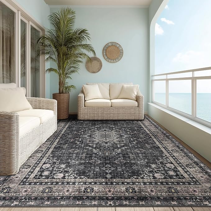Ruaruarug Washable Area Rug 8x10 for Living Room, Bedroom, Ultra Soft Non Slip Stain & Fade Resistant, Pet & Kids Friendly, Suitable for High Traffic Areas Easy to Clean for Office Kitchen, Black Gray