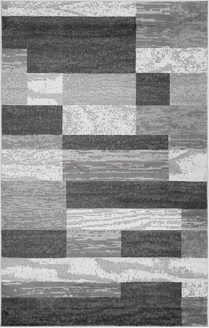 Superior Indoor Area Rug, Jute Backed, Modern Geometric Patchwork Floor Decor for Bedroom, Office, Living Room, Entryway, Hardwood Floors, Rockwood Collection, 8' x 10', Charcoal