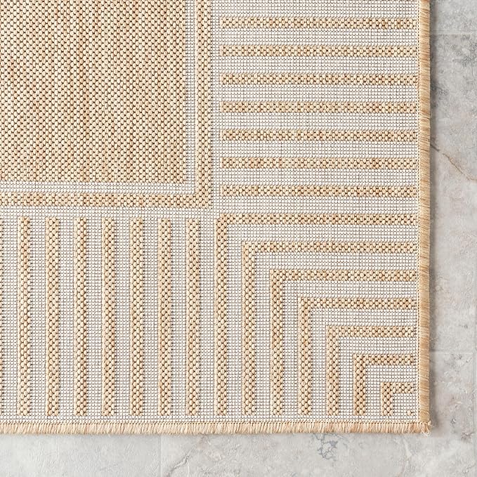 Nuloom Asha Tan/Ivory, 4' x 6', Casual, Striped Border, Soft and Cozy, High Traffic, Easy Clean, Durable Area Rug for Indoor/Outdoor Patio, Deck, Porch, Garden, Courtyard