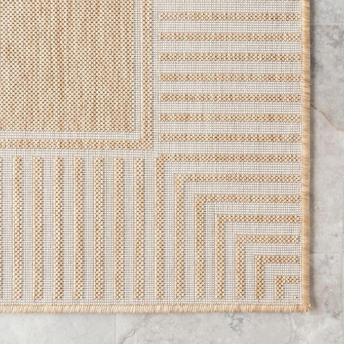 Nuloom Asha Tan/Ivory, 6'7" x 9', Casual, Striped Border, Soft and Cozy, High Traffic, Easy Clean, Durable Area Rug for Indoor/Outdoor Patio, Deck, Porch, Garden, Courtyard