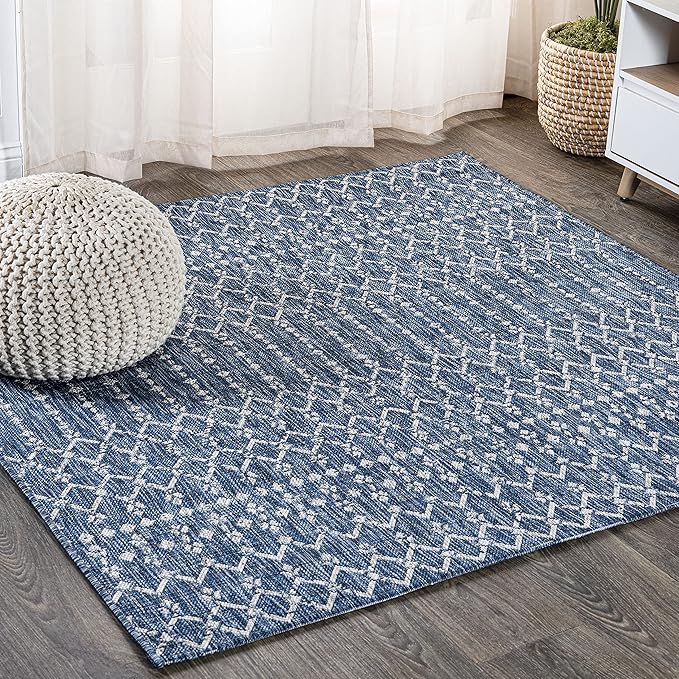 JONATHAN Y Moroccan Geometric Indoor Outdoor Square Area Rug 4X4 Navy/Light Gray, Ourika Textured Weave for Backyard, Patio, Porch, Easy-Cleaning, High Traffic, Pet-Friendly, Non-Shedding SMB108B-4SQ