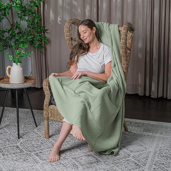 Comfy Cubs 100% Cotton Waffle Weave Throw Blanket Breathable Skin-Friendly Soft Lightweight Blankets - Perfect Warm Textured Blanket Layer - Size for Couch Bed & Sofa (Sage, 50" X 60")