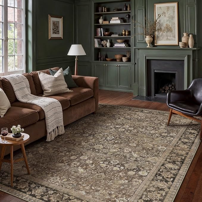 HUGEAR 6x9 Machine Washable Rugs Brown Hallway Large Area Rug Indoor Accent Rug Floral Low Pile Carpet Soft Throw Aesthetic Rug Bedroom Living Room Office Dining Room Kitchen Laundry Room