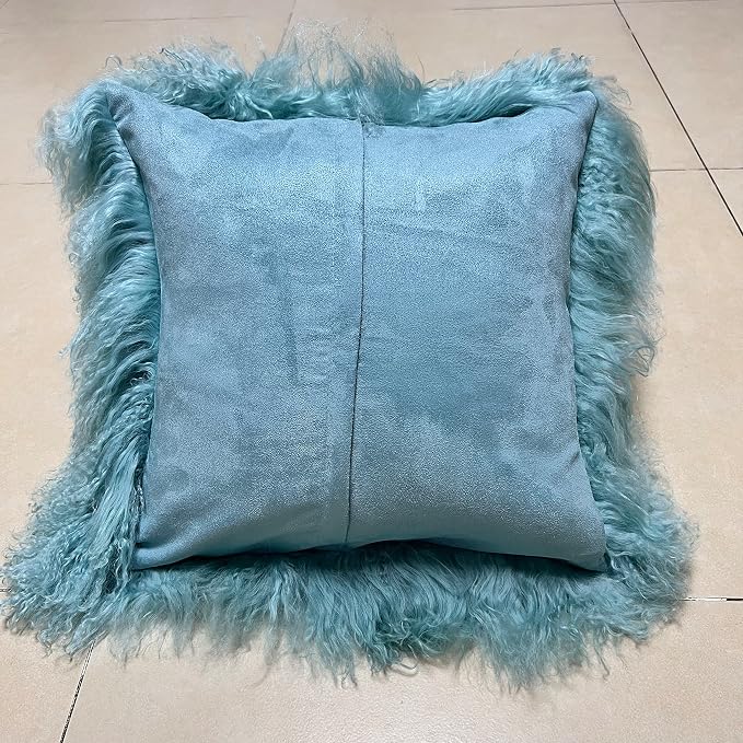 MOOX Mongolian Lamb Fur Pillow Covers Lumbar Throw Sheepskin Pillow Case Genuine Wool Fur Tibetan Accent Living Room Bedroom Decorative Cushion Cover (20x20inch, Green)