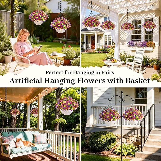 Der Rose 2 Pack Artificial Hanging Flowers Basket for Faux Plants Outdoor Spring Summer Decoration UV Resistant Fake Flowers for Patio Balcony Farmhouse Decor