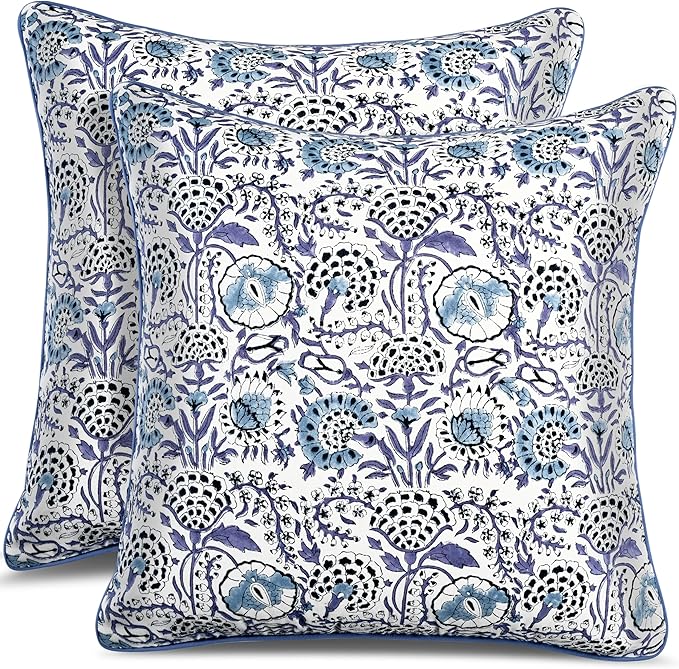 CPC 100% Cotton Throw Pillow Covers 20x20 Inch, Set of 2 Blue Block Print Pattern Couch Pillow, Cute Boho Decorative Pillows for Living Room, Bedroom with Hidden Zipper- Indigo Blue