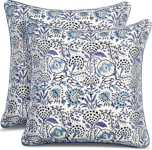 CPC 100% Cotton Throw Pillow Covers 20x20 Inch, Set of 2 Blue Block Print Pattern Couch Pillow, Cute Boho Decorative Pillows for Living Room, Bedroom with Hidden Zipper- Indigo Blue