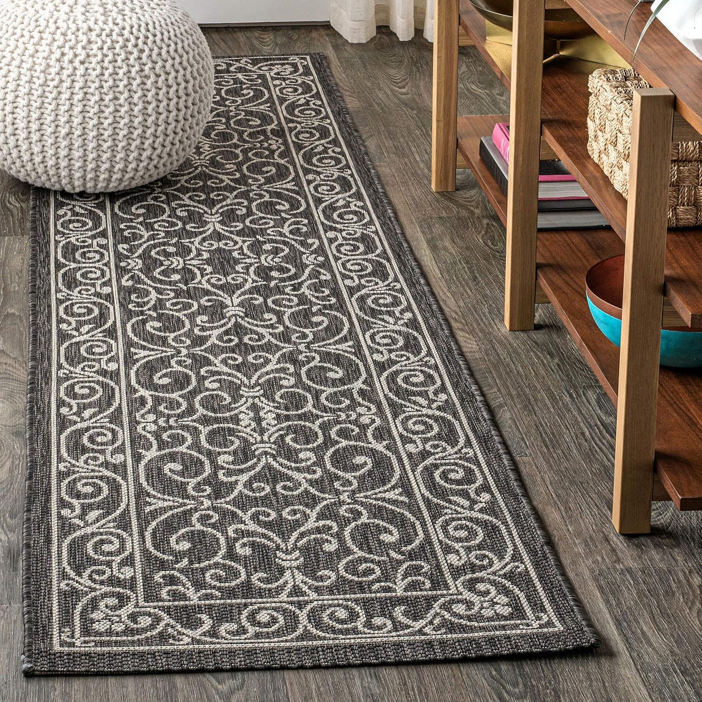 JONATHAN Y Vintage Filigree Indoor Outdoor Runner Rug 2X10 Black/Gray, Charleston Textured Weave for Backyard, Patio, Porch, Easy-Cleaning, High Traffic, Pet-Friendly, Non-Shedding (SMB106G-210)