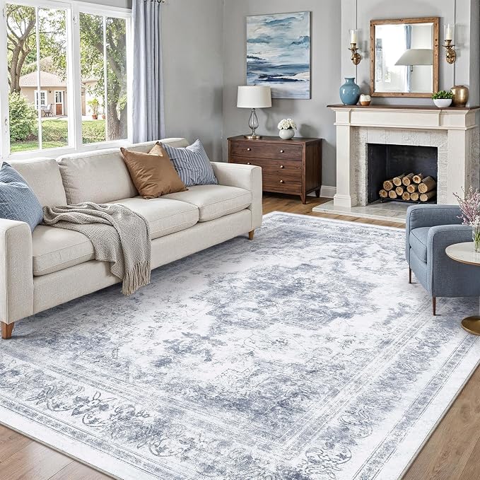PureCozy Washable Rug 9x12 Area Rug for Living Room Blue Vintage Boho Medallion Large Distressed Retro Carpet Non Slip Indoor Low Pile Small Soft Bedroom Dining Room Home Office