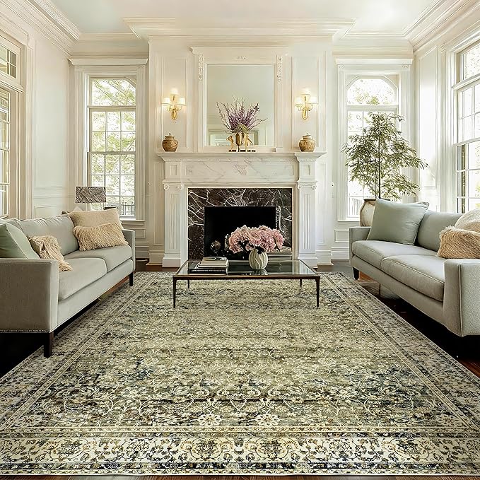 Olive and Tan Area Rugs Washable Rug for Living Room Bedroom Boho Farmhouse Floral Vintage Soft No Slip Extra Large Carpet for Dining Room 9x12