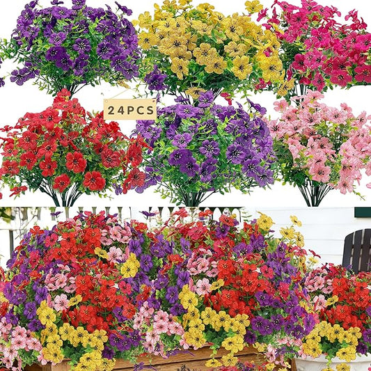 Senjie 24 Bundles Artificial Flowers Bulk for Outdoor Decor, UV Resistant Fake Plastic Flowers, Faux Flowers for Porch Patio Window Boxwood Garden
