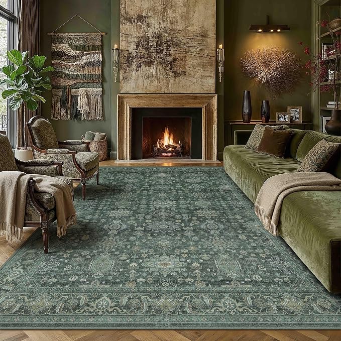 9x12 Washable Area Rug for Living Room Bedroom Vintage Green Non Slip Carpet Traditional Retro Soft Low Pile Large Throw Rug for Dining Room Kitchen Office Indoor