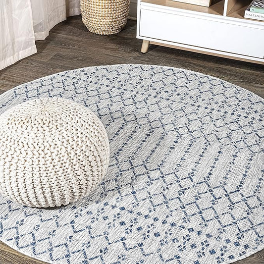 JONATHAN Y Moroccan Geometric Indoor Outdoor Round Area Rug 9 Ft Light Gray/Navy, Ourika Textured Weave for Backyard, Patio, Porch, Easy-Cleaning, High Traffic, Pet-Friendly, Non-Shedding SMB108A-9R