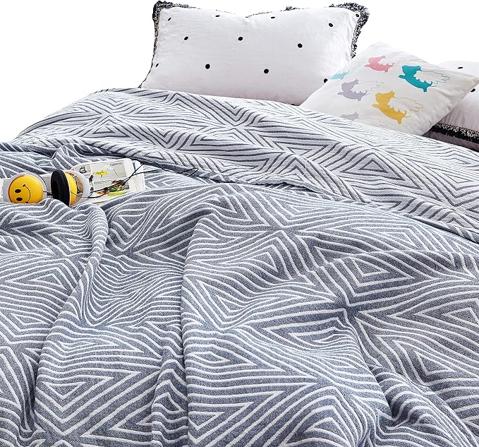 MEJU Blue Checks Stripes Triange Muslin Lightweight Summer Blanket for Bed Sofa Couch 100% Combed Cotton 3 Layer Soft Warm Bedspread Throw Blanket Bed Coverlet Sheet Twin 60 in X 80 in