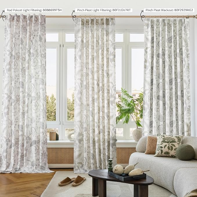 Kayne Studio Pinch Pleated Jacobean Floral Light Filtering Window Curtains Boho Botanical Leaf Printed Vintage Farmhouse Linen Grey Back Tab Window Treatment Set Living Room Bedroom,40"x90",2 Panels