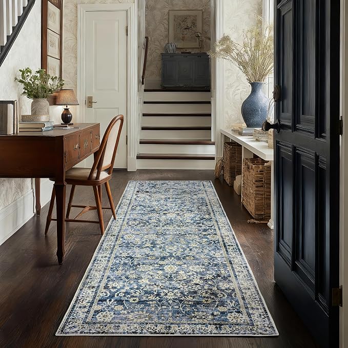 Blue 2x6 Runner Rug for Hallway Low Pile Kitchen Rugs Non Slip Washable Vintage Floral Distressed Design Carpet for Entryway Bedroom Boho Retro Dark Blue Rug for Bathroom Indoor 2 x 6