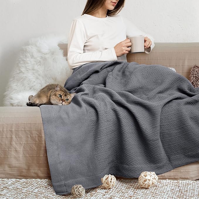 THREAD SPREAD Organic GOTS Cotton Blanket, Full/Queen - 350 GSM, Antistatic, Fuzzy Soft, Lightweight, Sofa, Camping & Travel, Perfect Herringbone All Seasons Throw, Dark Grey with Free Tote Bag