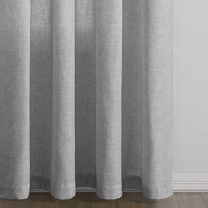 Grommet Linen Curtains 96 Inches Long 2 Panel Set for Living Room Cotton Light Filtering Drapes Semi Sheer Neutral Modern Light Grey Gray Window Curtain for Bedroom Patio Sliding Door 8 Ft Tall