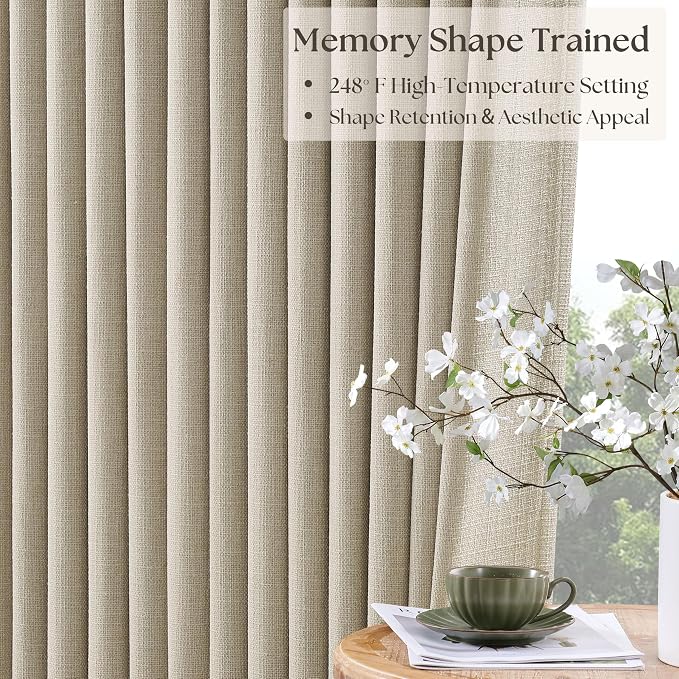 Extra Wide Oatmeal Beige Blackout Sliding Glass Door Curtains 108 Inches Long Memory Trained Pinch Pleated Linen Double Layer Black Out Heat Blocking Curtain 70 Inch Width 108 Inch Length 1 Panel