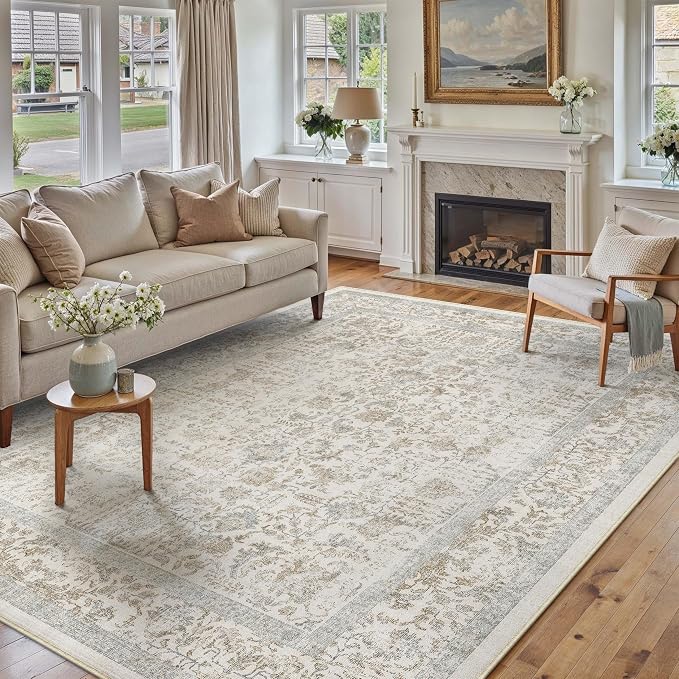 PureCozy Taupe Area Rug 7x10 Machine Washable Vintage Living Room Distressed Non Slip Carpet Traditional Indoor Bedroom Retro Floral Accent Throw Large Rug for Office Kitchen Dining Room