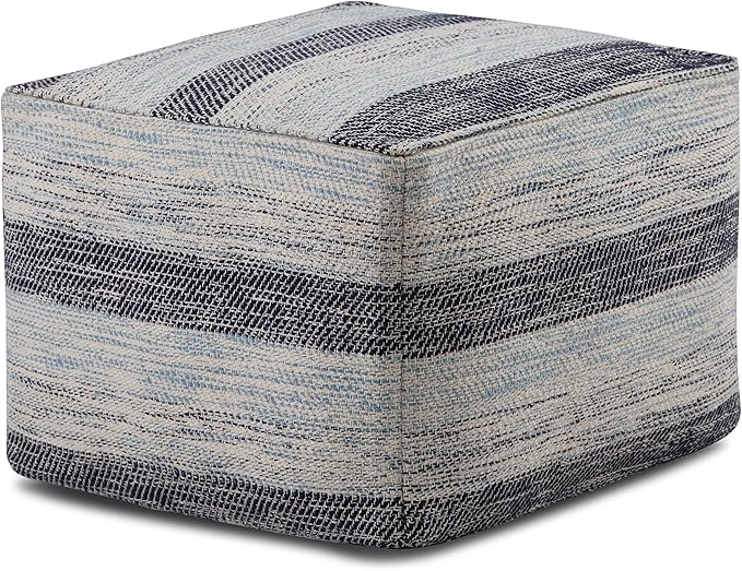 SIMPLIHOME Clay Square Pouf - 18 inch Wide Upholstered Cotton Ottoman in Dark Blue/Natural, Boho Footstool, Decorative Cube Pouf or Extra Seating for Living Room or Bedroom, Assembled