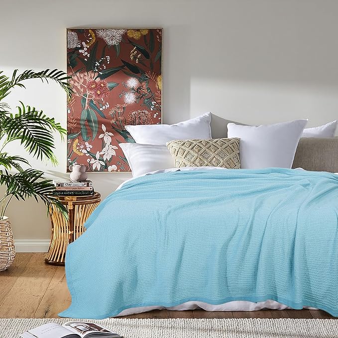 TreeWool Premium 100% Cotton Waffle Summer King Blanket (90"x108", L Blue) | 420 GSM Breathable Lightweight Moisture Wicking Soft Knit Thermal Blanket for Bed or Sofa All-season Comfort Machine Washable