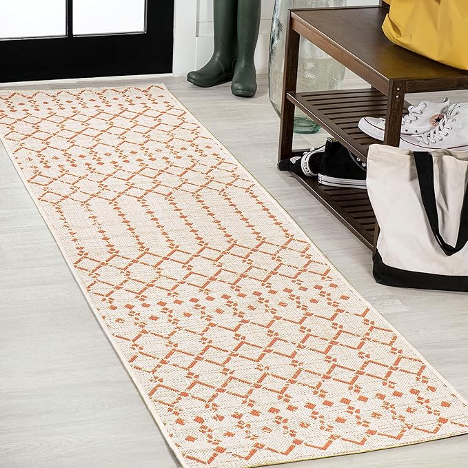 JONATHAN Y Moroccan Geometric Indoor Outdoor Runner Rug 2X10 Cream/Orange, Ourika Textured Weave for Backyard, Patio, Porch, Easy-Cleaning, High Traffic, Pet-Friendly, Non-Shedding (SMB108O-210)