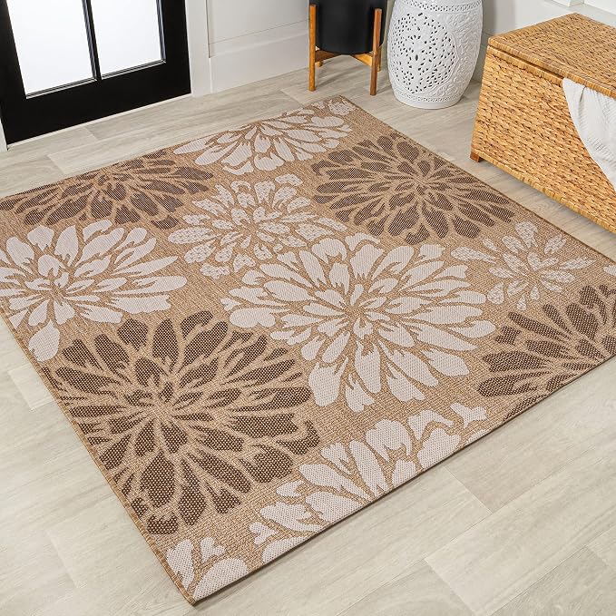 JONATHAN Y Floral Textured Weave Indoor Outdoor Square Area Rug 3X3 Brown/Cream, Zinnia Modern for Backyard, Patio, Porch, Easy-Cleaning, High Traffic, Pet-Friendly, Non-Shedding (SMB110I-3SQ)
