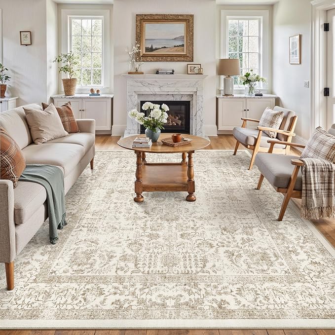 PureCozy Light Brown Area Rug 5x7 Machine Washable Vintage Living Room Distressed Non Slip Carpet Traditional Indoor Bedroom Retro Floral Accent Throw Large Rug Office Kitchen Bathroom Dining Room