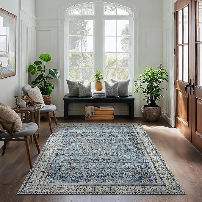 Machine Washable Area Rugs 4x6 Blue Low Pile Soft Carpet for Dining Room Vintage Floral Distressed Style Dark Blue 4 by 6 Rug for Living Room Home Office Small Throw Rug for Bedroom