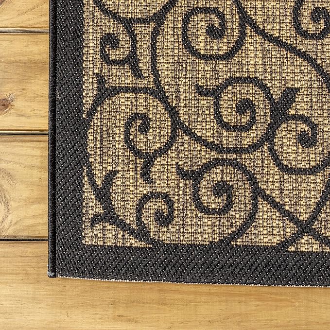 JONATHAN Y Vintage Filigree Indoor Outdoor Area Rug 5X8 Black/Khaki, Madrid Textured Weave for Backyard, Patio, Porch, Easy-Cleaning, High Traffic, Pet-Friendly, Non-Shedding (SMB107A-5)