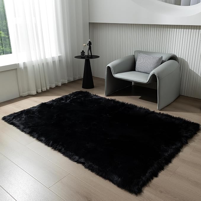 Faux Fur Rug Black Sheepskin Area Rug,Ultra Soft 4x6 ft Rectangular Shaggy Plush Rug for Bedroom Sofa Floor Bedside Living Room Kids Room