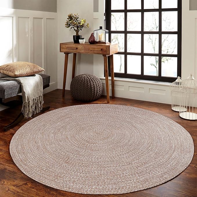 SUPERIOR Indoor/Outdoor Area Rug, Dual-Tone Reversible Braided Floor Decor for Patio, Front Porch, Entryway, Living Room, Office, Nursery, Artistic Home, 4' Round, Latte-White
