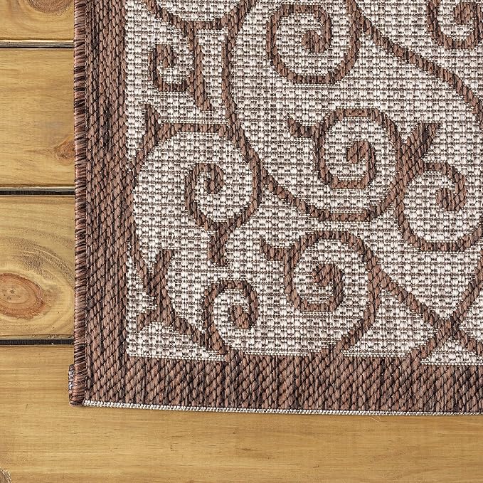 JONATHAN Y Vintage Filigree Indoor Outdoor Square Area Rug 8X8 Taupe/Espresso, Madrid Textured Weave for Backyard, Patio, Porch, Easy-Cleaning, High Traffic, Pet-Friendly, Non-Shedding (SMB107C-8SQ)