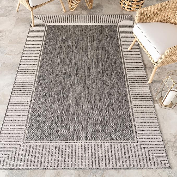 Nuloom Asha Grey/Ivory, 8' x 10', Casual, Striped Border, Soft and Cozy, High Traffic, Easy Clean, Durable Area Rug for Indoor/Outdoor Patio, Deck, Porch, Garden, Courtyard