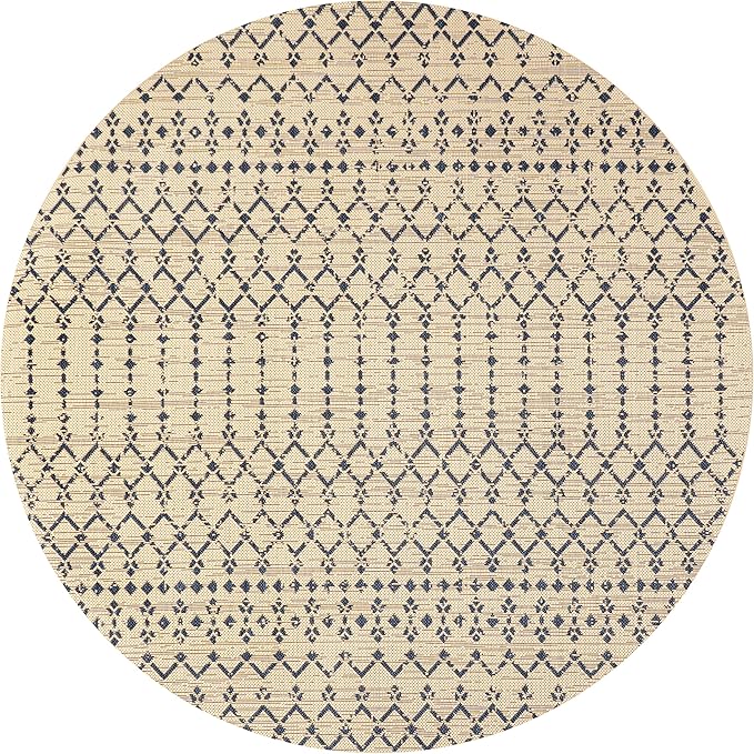 JONATHAN Y Moroccan Geometric Indoor Outdoor Round Area Rug 8 Ft Beige/Navy, Ourika Textured Weave for Backyard, Patio, Porch, Easy-Cleaning, High Traffic, Pet-Friendly, Non-Shedding (SMB108H-8R)