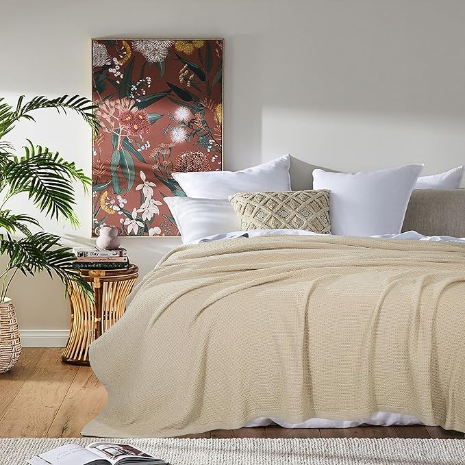 TreeWool Premium 100% Cotton Waffle Summer King Blanket (90"x108", Beige) | 420 GSM Breathable Lightweight Moisture Wicking Soft Knit Thermal Blanket for Bed or Sofa All-season Comfort Machine Washable