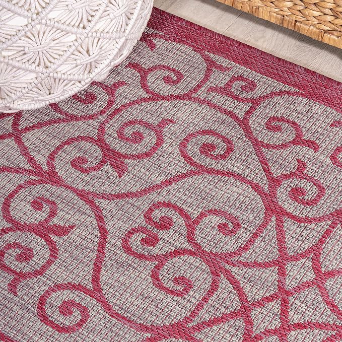 JONATHAN Y Vintage Filigree Indoor Outdoor Round Area Rug 5 Ft Light Gray/Fuchsia, Madrid Textured Weave for Backyard, Patio, Porch, Easy-Cleaning, High Traffic, Pet-Friendly, Non-Shedding SMB107I-5R