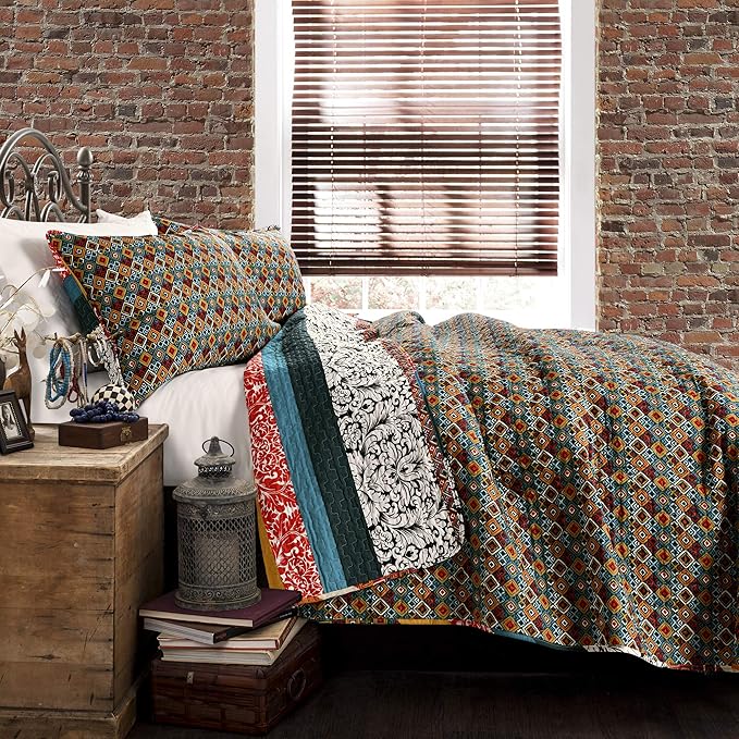 Lush Decor Boho Stripe Reversible Cotton Quilt 3-Piece Set, King, Turquoise & Tangerine - Bold Colorful Bohemian Bedding Set