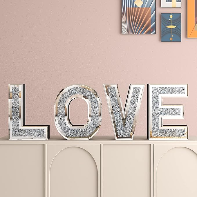 SHYFOY Love Letter Sign Living Room Decor, Mirrored Love Home Decoration for Tabletop & Wall-mount, Crystal Diamond Decorative Wall Mirrors Set for Wedding Centerpiece, Independent (4 PCS)