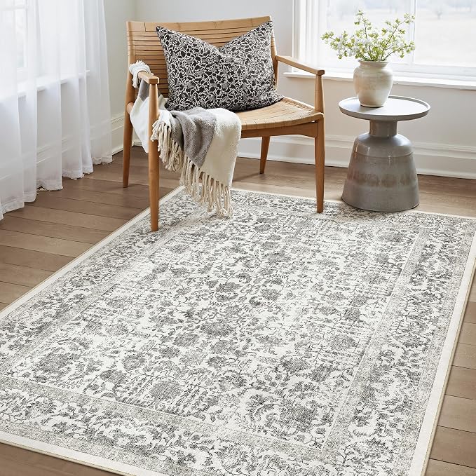 PureCozy Black Area Rug 4x6 Office Entryway Rug Machine Washable Kitchen Vintage Distressed Non Slip Carpet Indoor Retro Floral Accent Throw Door Mat for Bathroom Bedroom Dining Living Room