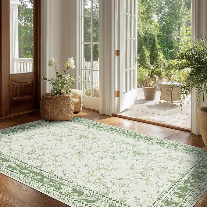 Green and Cream Area Rug 3x5 for Entryway Machine Washable Small Rug for Indoor Kitchen Bedroom Low Pile Vintage Peony Floral Print for Dining Living Room Non-Slip Sage Light Green Boho Decor