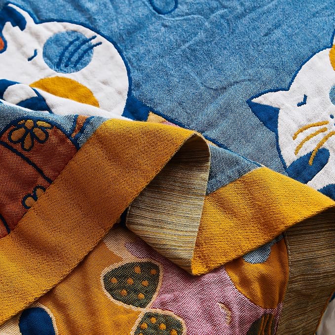 MEJU Kitty Cats Kids Child Muslin Blanket Throw Reversible Cover for Bed Sofa Couch, 100% Combed Cotton 4 Layer Soft Warm Quick Dry Throw Blanket Bed Coverlet Quilt Sheet Blue Twin 60 in x 80 in